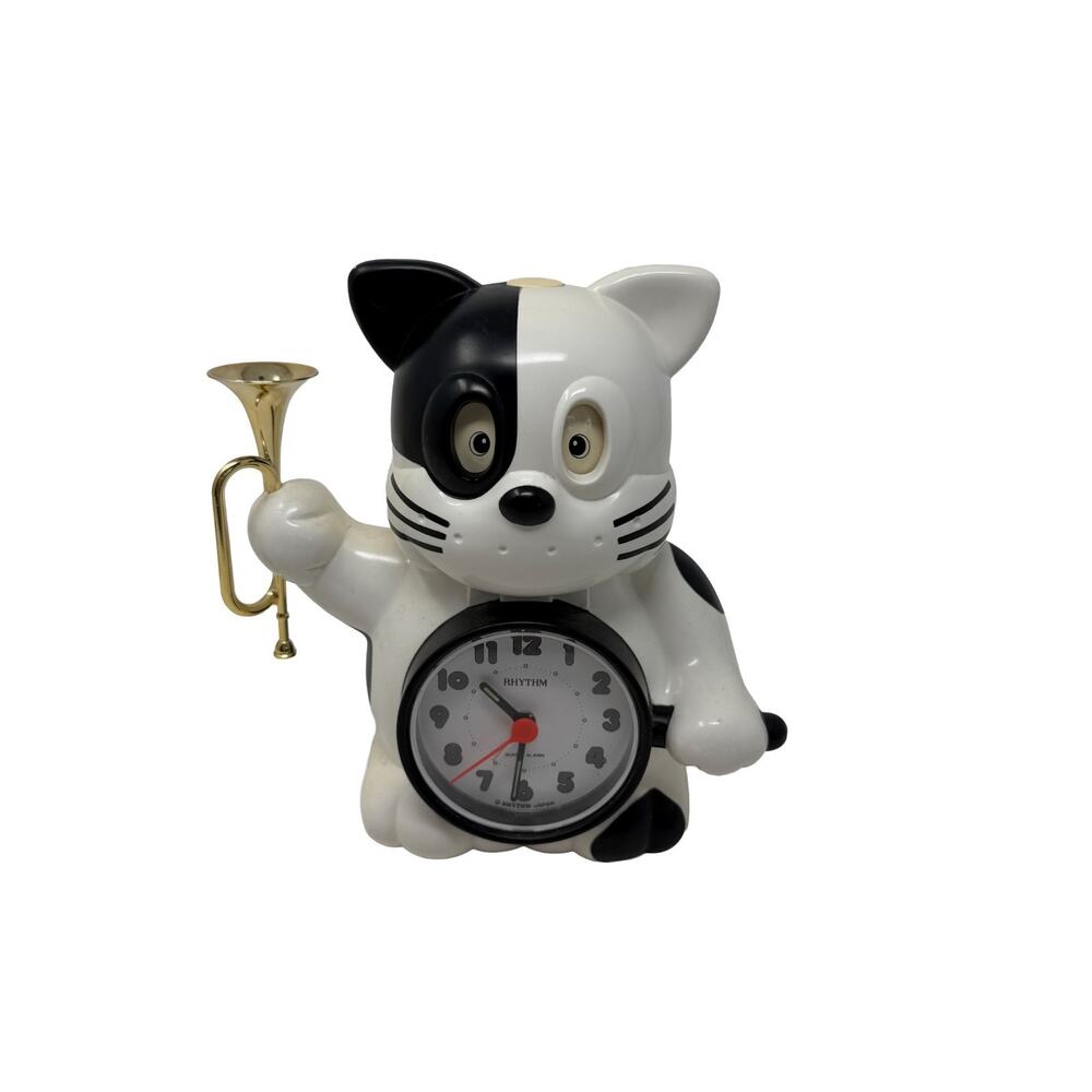 VTG Rhythm Rise & Shine w/ Bugle Singing Alarm Clock Black & White Cat Japan